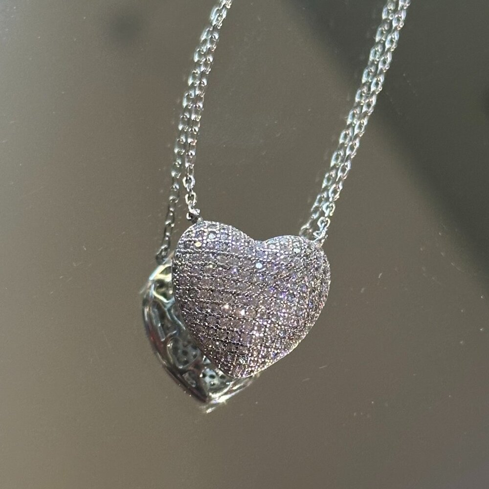 2 Sided Diamond and Silver Heart Necklace